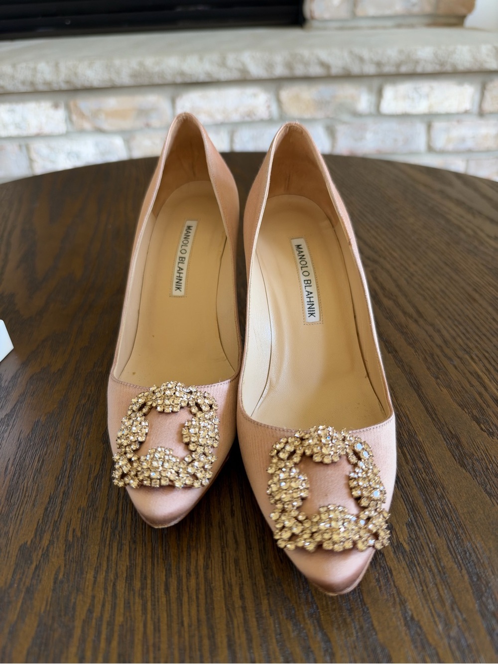 Manolo Blahnik Blush Pink Satin Pumps with Crystal Buckle